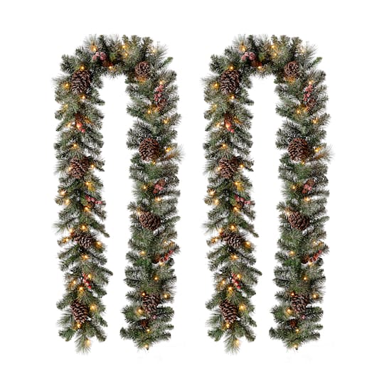 Glitzhome® 9Ft Pre-Lit Glittery Pinecone Christmas Garland with Timer, 2ct. in Green | 9 ft | Michaels®